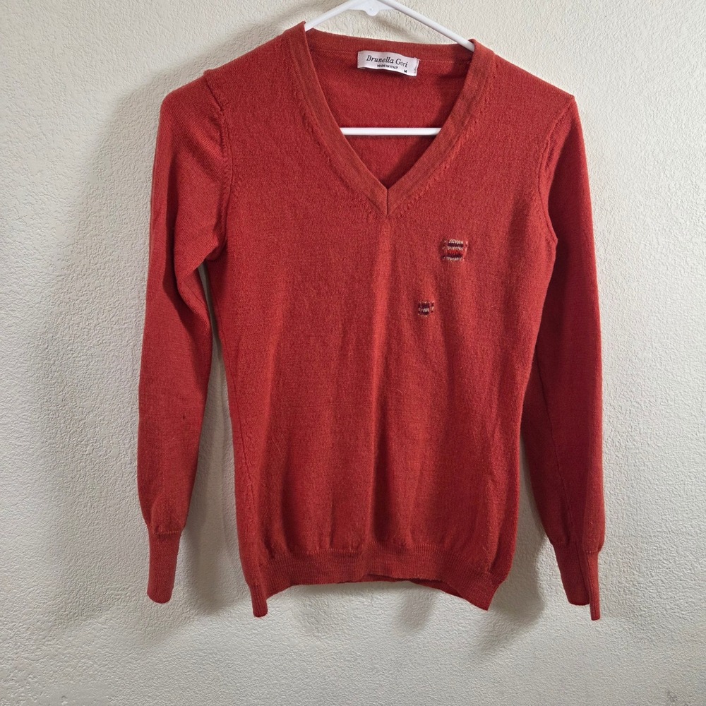 Brunella Gori Italy Red V-Neck Knit Sweater Size M Visible Mending Repairs